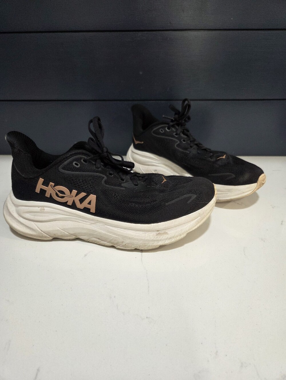Hoka Clifton 10 Black Sneakers with Rose Gold Logo Accents Size 9.5